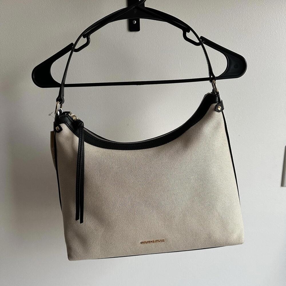 NEW $358 Michael Kors Maeve Large Hobo Bag Cream Beige Black Canavas Leather